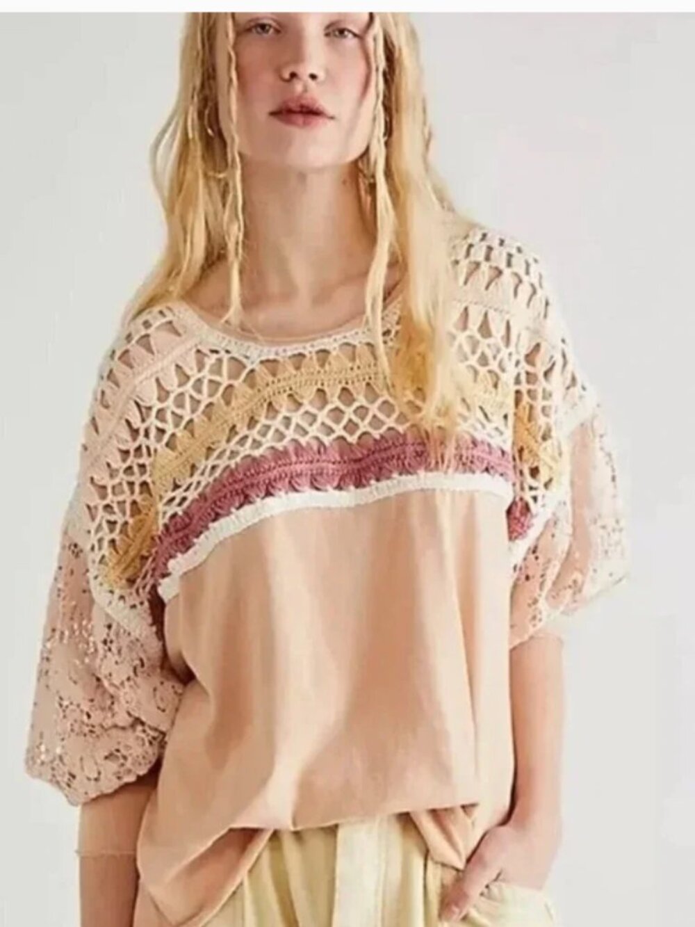 Free People High Hopes Crochet Top in Brown Sugar Combo Size XS Oversized